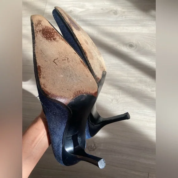 Stuart Weitzman Dark Blue Denim Heels with Black Strap - Picture 4 of 8